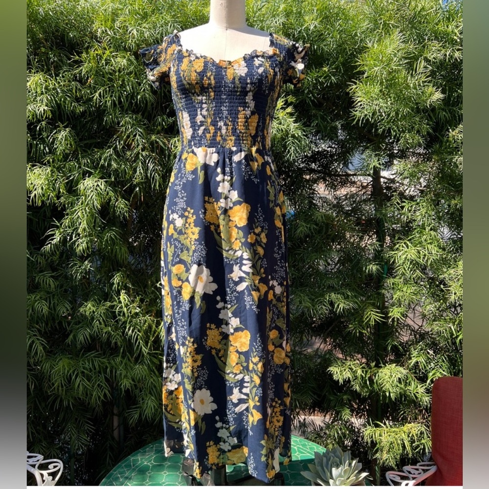 Reformation dress, size 8, color navy with gold & cream, flowers & green leaves